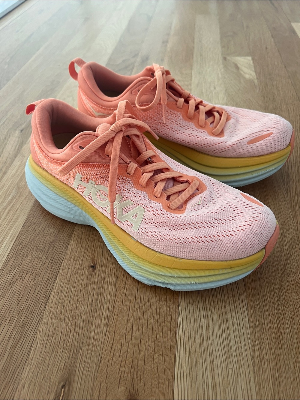 Hoka Bondi Women’s Coral Pink and Yellow Running Shoes, size 7.5